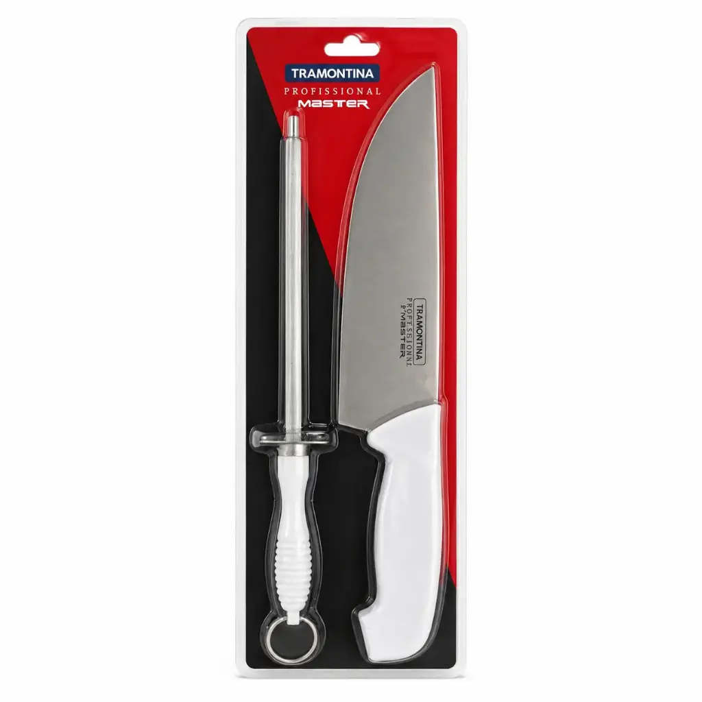CUCHILLO MANGO PLASTICO BLANCO 8" C/ CHAIRA E/ BL ( JP-9020W )