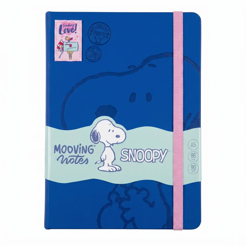 CUADERNO A5 SNOOPY T/ DURA C/ ELASTICO + STICKERS X 96HJS RAYADO ( 1246134 )