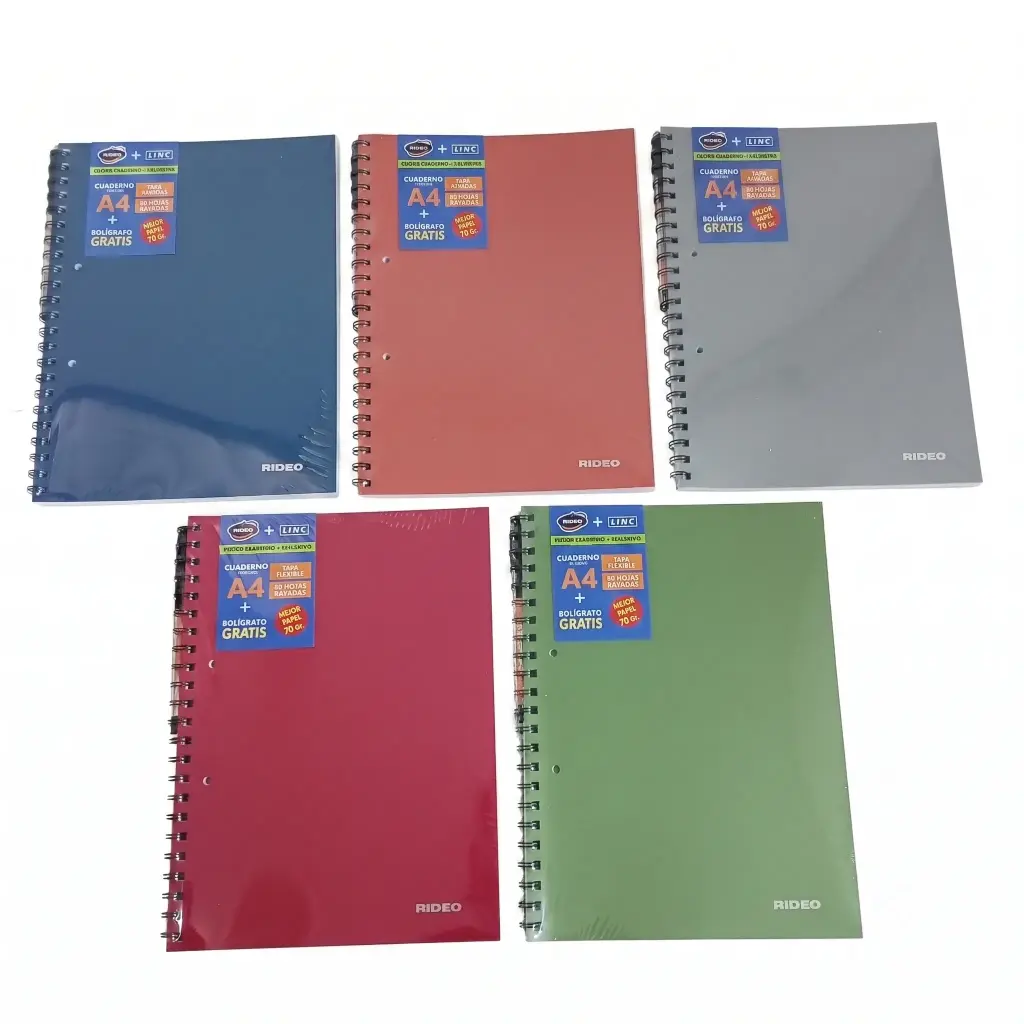 CUADERNO A4 C/ ESPIRAL Y LAPICERA RIDEO RAYADO X 80HJS ( 3724 )