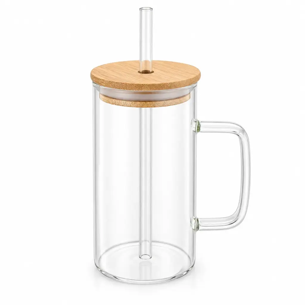 VASO VIDRIO C/ TAPA BAMBU SORBETE Y ASA E/ CJ ( CN18821 )