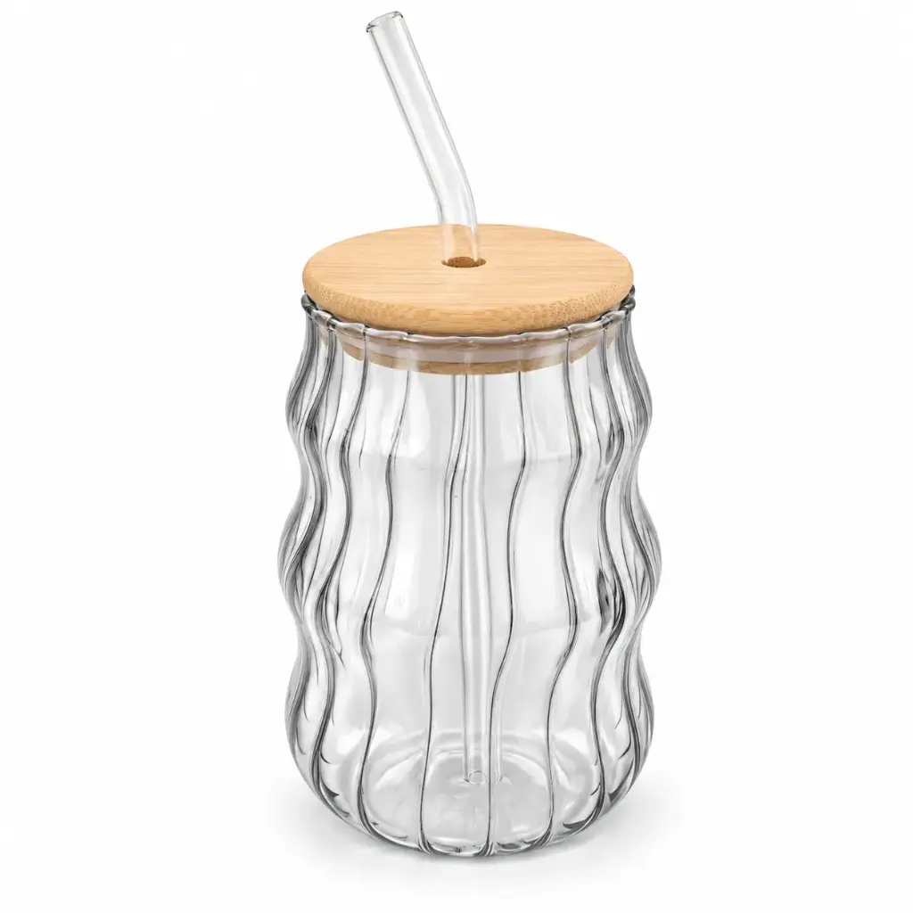 VASO VIDRIO SMOOKY C/ TAPA BAMBU Y SORBETE E/ CJ ( CN21888 )