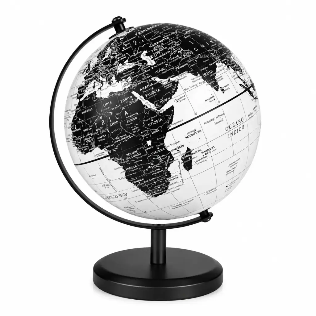 GLOBO TERRAQUEO PLATEADO Y NEGRO BASE METALICA E/ CJ ( 142M )