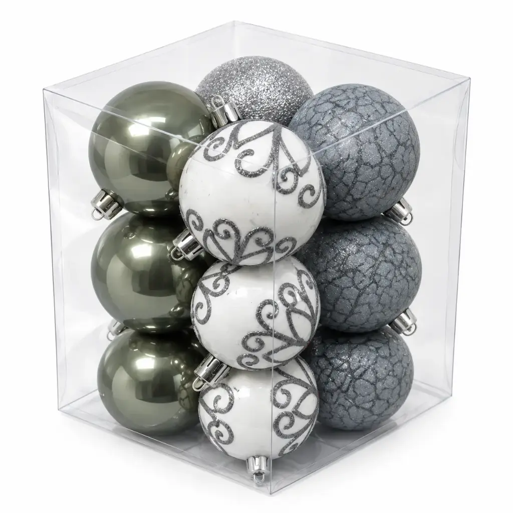 BOLA NAVIDEÑA PLATEADA Y BLANCA 6CM X12 E/ CJ ( K0208P )