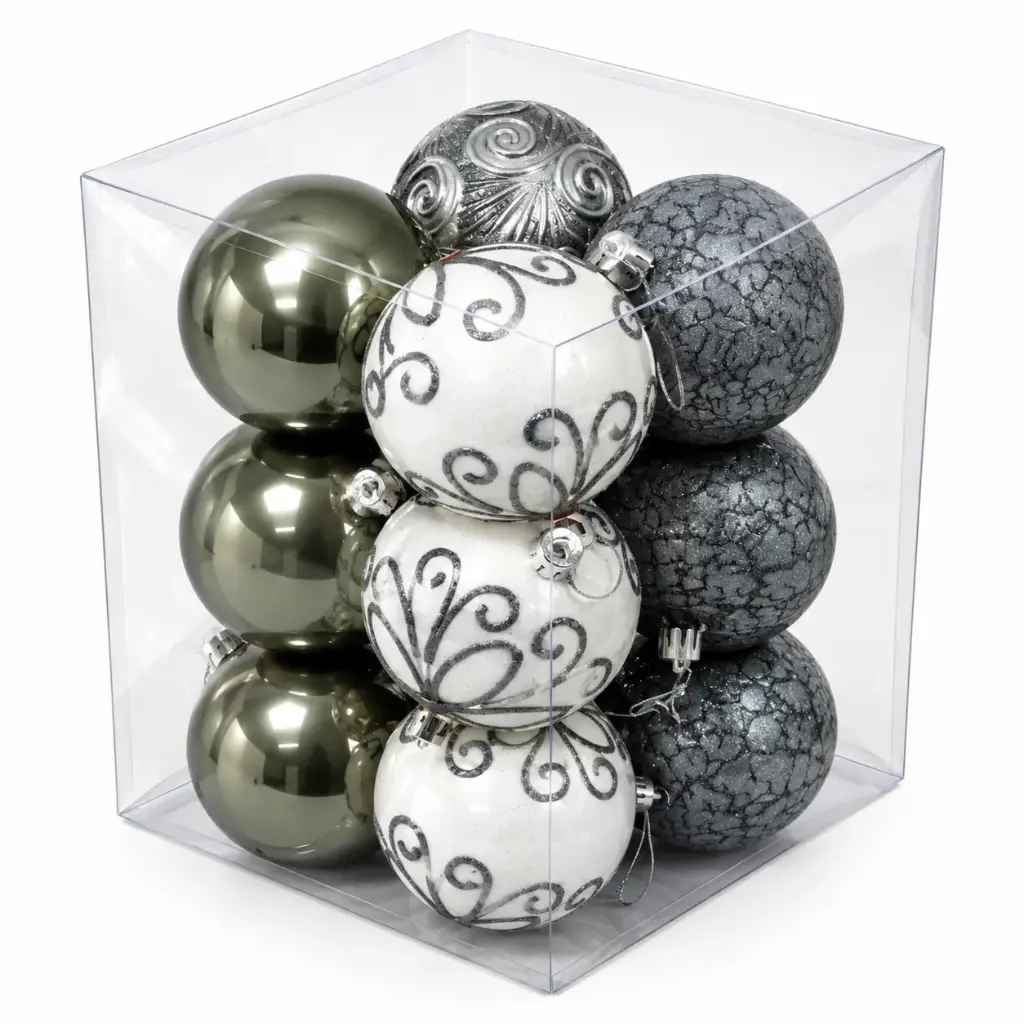BOLA NAVIDEÑA PLATEADA Y BLANCA 8CM X12 E/ CJ ( K0209P )