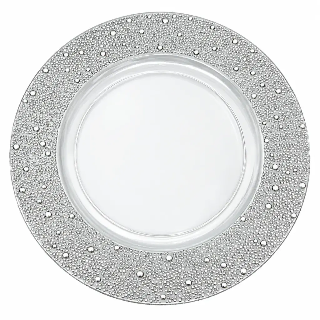 PLATO DE SITIO ACRILICO BORDE PERLAS PLATEADAS 33CM ( K1408P ) 