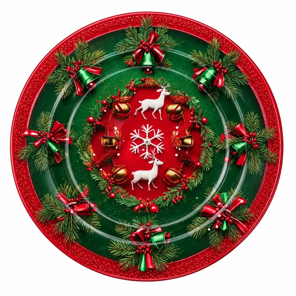 PLATO DE SITIO ACRILICO BRILLANTE MUERDAGOS Y CAMPANAS 33CM ( K1421 )