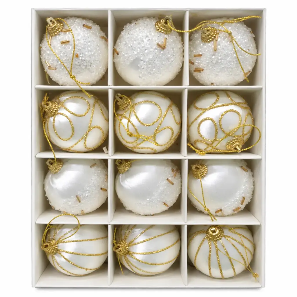 BOLA NAVIDEÑA BLANCA C/ PELITOS DORADOS 6CM X12 E/ CJ ( K1540 )
