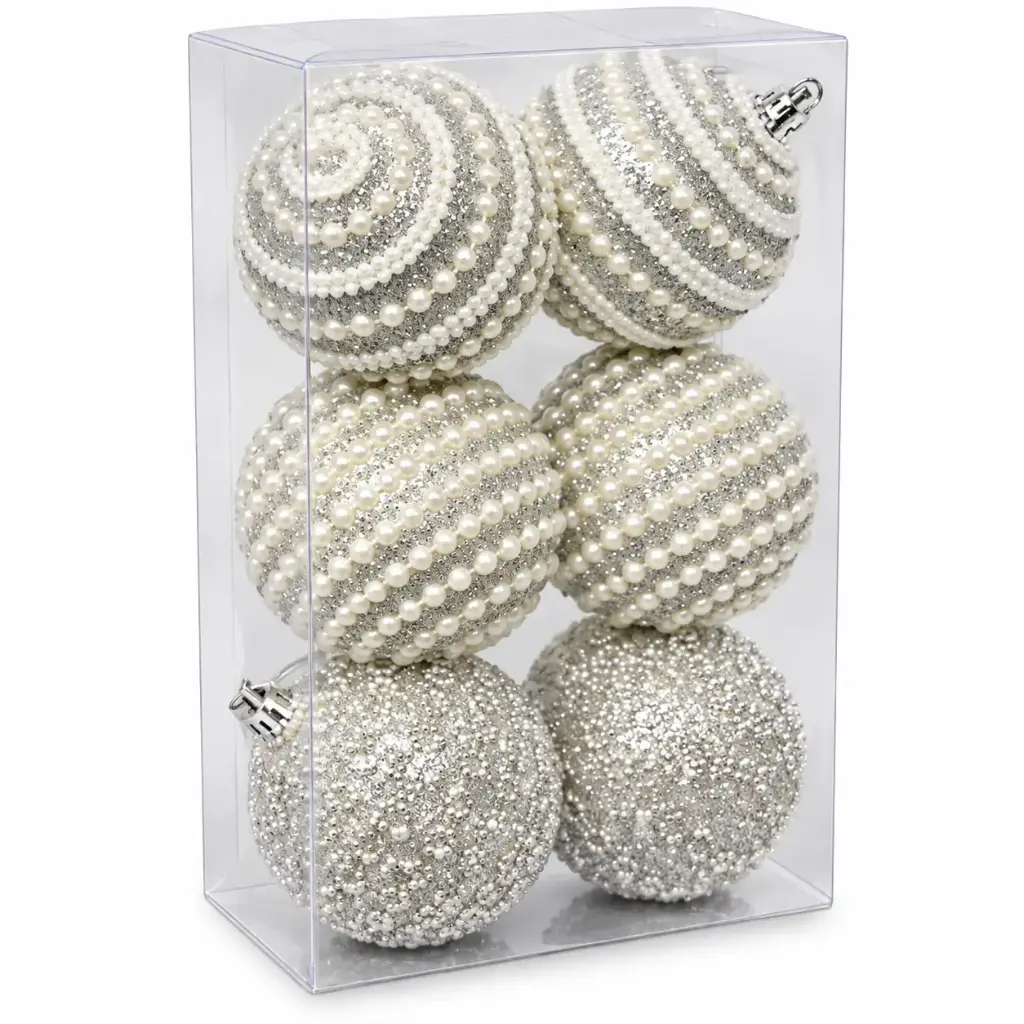 BOLA NAVIDEÑA PLATEADA C/ PERLAS 6CM X6 E/ CJ ( K1544 )