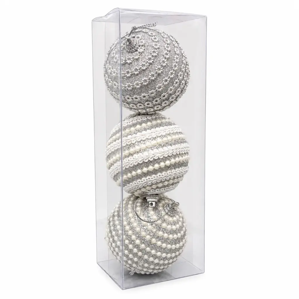BOLA NAVIDEÑA PLATEADA C/ PERLAS 6CM X3 E/ CJ ( K1546 )