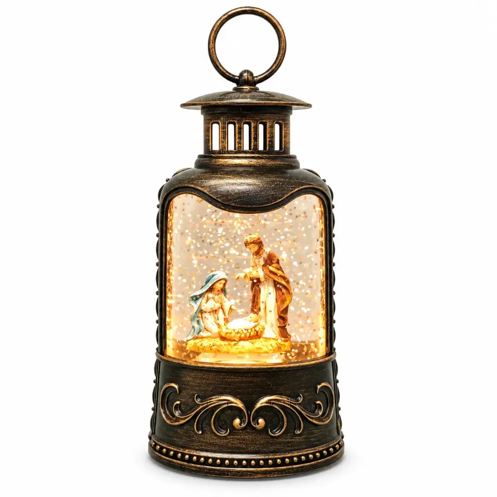 FAROL VINTAGE NAVIDEÑO SAGRADA FAMILIA C / NIEVE LUZ Y SONIDO 8.5 X 6 X 20CM E/CJ ( K1583 )
