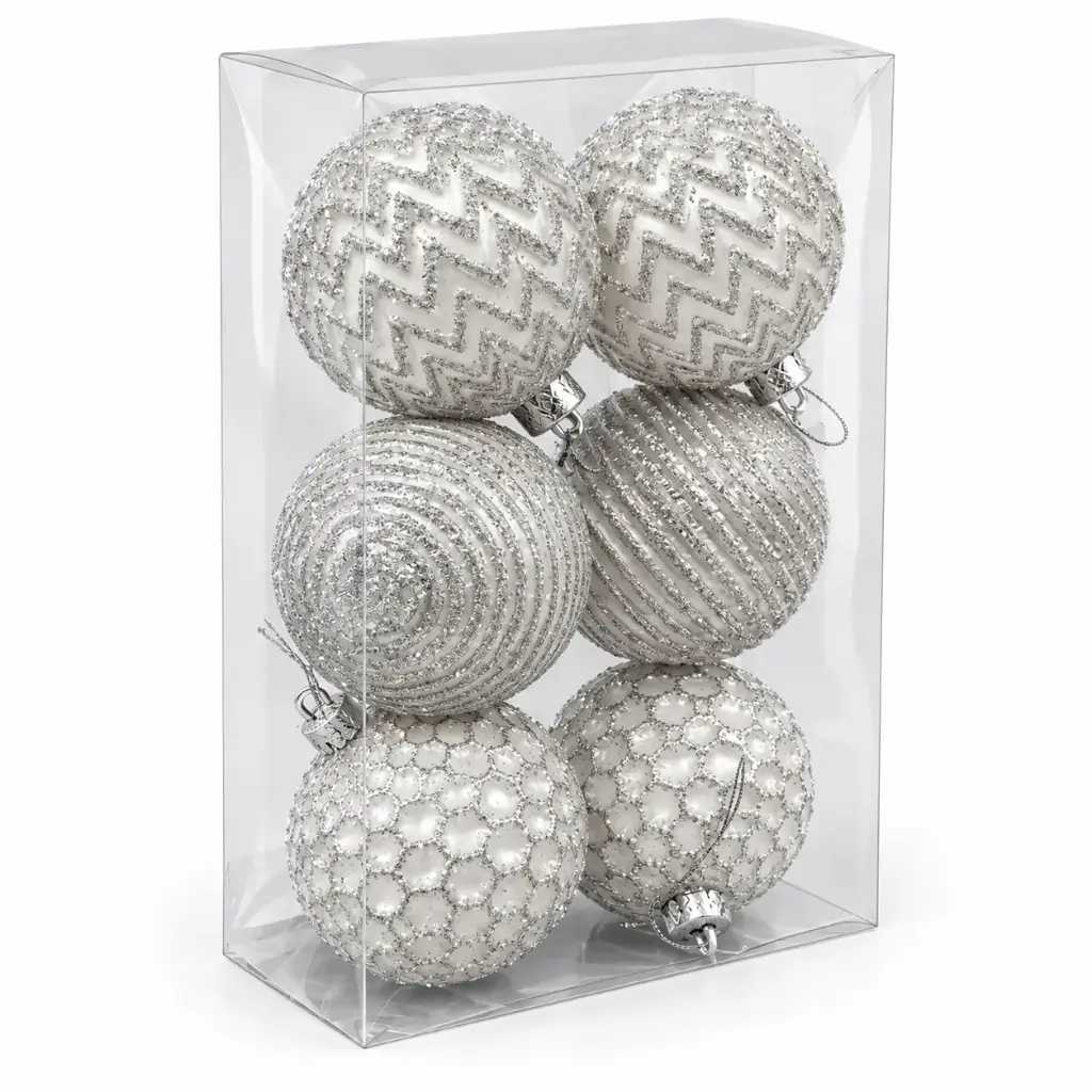 BOLA NAVIDEÑA BLANCA Y PLATEADA 8CM X6 E/ CJ ( K1642P )