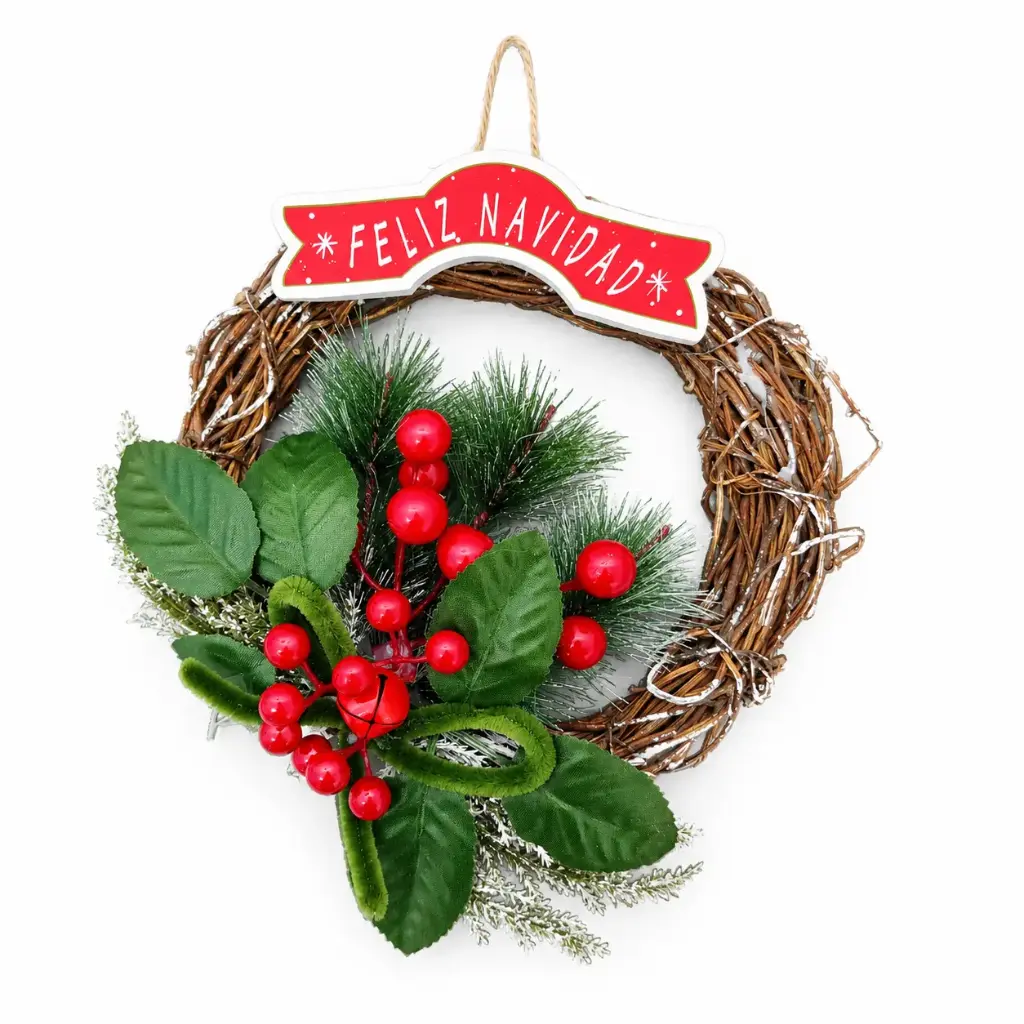 ADORNO P/ COLGAR FELIZ NAVIDAD C/ HOJAS Y FRUTOS ROJOS 18CM E/ BO ( K1689 ) 