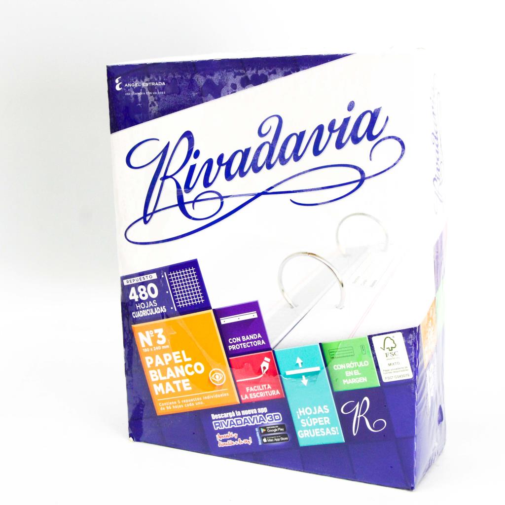 &*REPUESTO DE HOJAS RIVADAVIA Nº3 C/ MARGEN x 480HJS CUADR