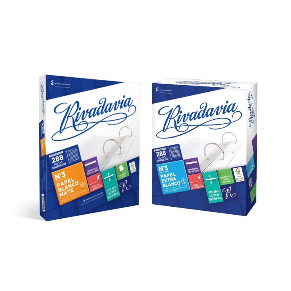 &*REPUESTO DE HOJAS RIVADAVIA REFORZADO Nº3 x 288HJS CUADRICULADO