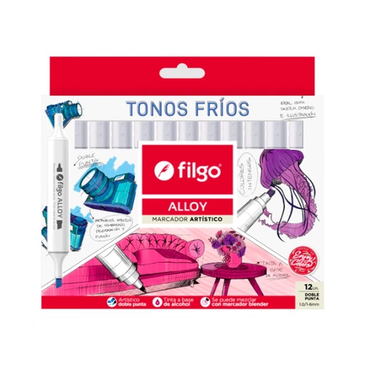[319769] MARCADOR FILGO ALLOY DOBLE PUNTA TONOS FRIOS X12 (E12-FRI)