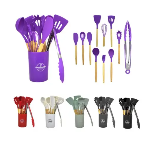 [333673] SET UTENSILIOS SILICONA C/ MANGO MADERA Y CONTENEDOR PLASTICO x11 e/Cj