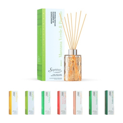 [455762] DIFUSOR AROMATICO PREMIUM C/ ESENCIA Y 14 VARILLAS 130ML E/ CJ
