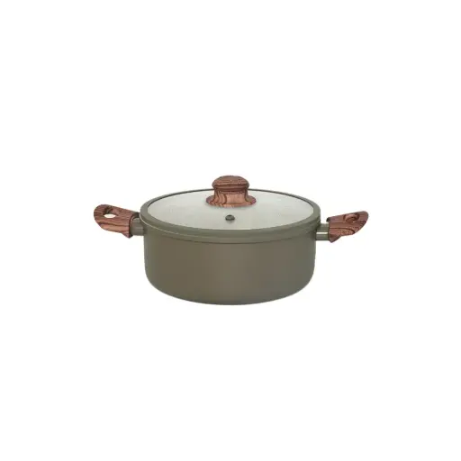 [530122] CACEROLA ANTIADHERENTE FORJADO VERDE C/ TAPA DE VIDRIO C/ SILICONA Y ASAS MADERA 22cm
