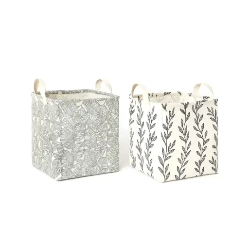 [531421] CESTO DE TELA CUADRADO ESTAMPADO C/ MANIJAS CUERO 33cm 