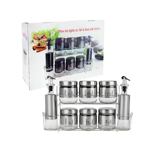 [531669] ESPECIERO VIDRIO/ACERO x6 C/ ACEITERO/VINAGRERO x2 Y SOPORTE DE METAL ( 1201N) 