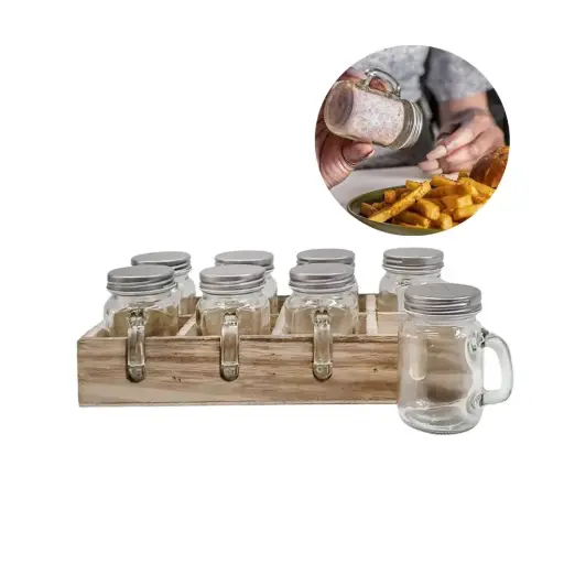 [531731] SET ESPECIERO VIDRIO Y TAPA METALICA x8 C/ BASE MADERA e/Cj ( 113-18705 )