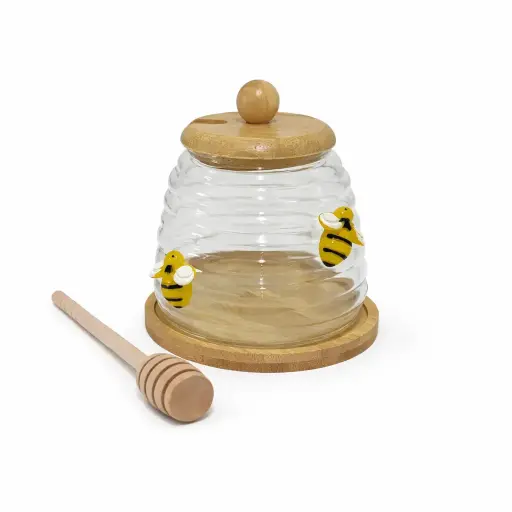 [536357] FRASCO DE VIDRIO MIEL C/ BASE MADERA E/ CJ ( 19947 )