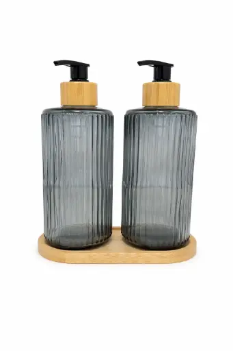 [536771] DISPENSER VIDRIO P/ JABON X 2 C/ BANDEJA BAMBU E/ CJ ( 022-4 )  