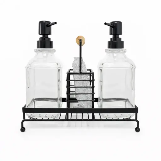 DISPENSER VIDRIO DOBLE P/ JABON C/ BASE METALICA ( 040-4 )