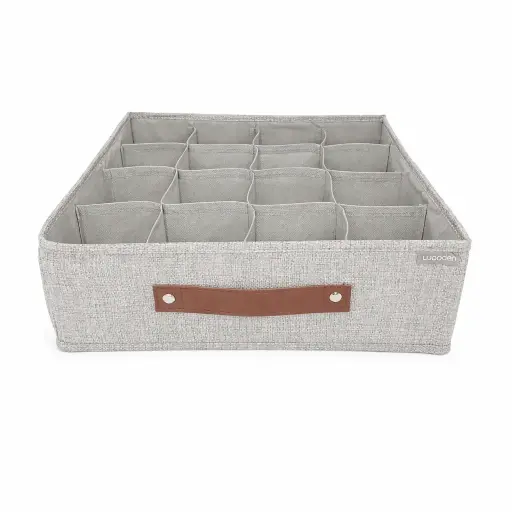 CAJA PLEGABLE TELA C/ MANIJA CUERO 16 DIVISIONES Y CIERRE 32 X 32 X 10CM ( 027-19N / 027-19G )