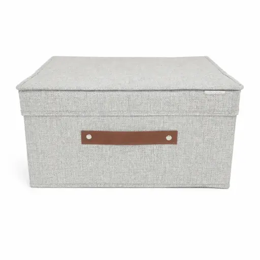 CAJA PLEGABLE FORRADA TELA C/ TAPA Y MANIJA CUERO 35 X 30 X 20CM E/ BO ( 027-10N / 027-10G ) 