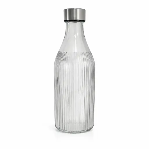 [536830] BOTELLA VIDRIO LABRADO RAYAS GRIS C/ TAPON ACERO 1L ( C5983 )