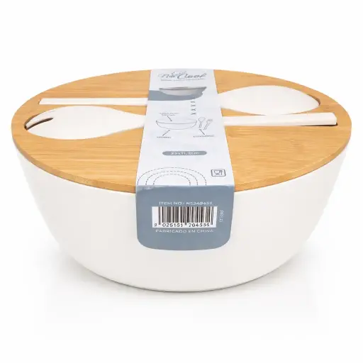 [536907] ENSALADERA PLASTICA REDONDA C/ TAPA BAMBU Y CUBIERTOS 25 X 11.2CM ( NS249453Z1 )