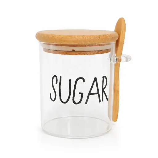 [536992] FRASCO DE VIDRIO P/ AZUCAR C/ TAPA Y CUCHARA BAMBU 8 X 10CM ( BR0810/S )