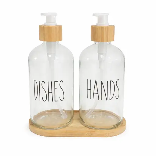 [536998] DISPENSER VIDRIO P/ JABON 500ML X2 C/ BANDEJA BAMBU E/ CJ ( DR0228 )  