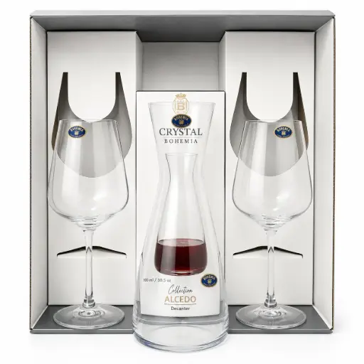 [537039] CAJA P/ REGALO C/ COPA VINO STRIX 450ML X2 Y DECANTER ALCEDO 900ML ( 1448 )