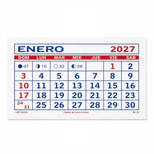 [538522] CALENDARIO MENSUAL N°20 2027 20 X 11CM ( ML-20 )