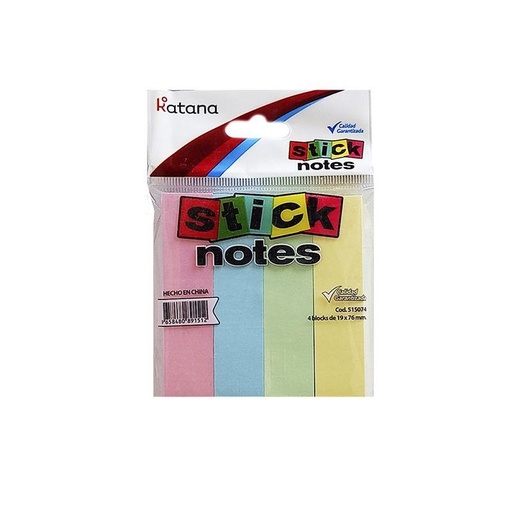 [111737] NOTAS ADHESIVAS KATANA PASTEL 19 X 76MM X4 E/BO ( 515074 )
