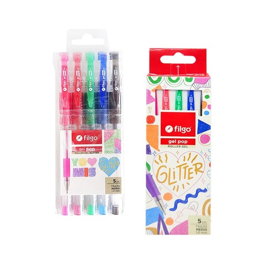 [119888] LAPICERA ROLLER FILGO GEL POP GLITTER 1.0mm x5 e/Bl Cj ( GP10-E5-GLI )
